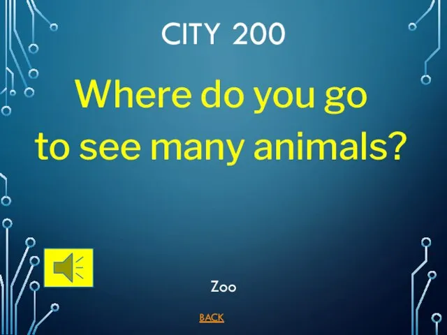 BACK Zoo CITY 200 Where do you go to see many animals?