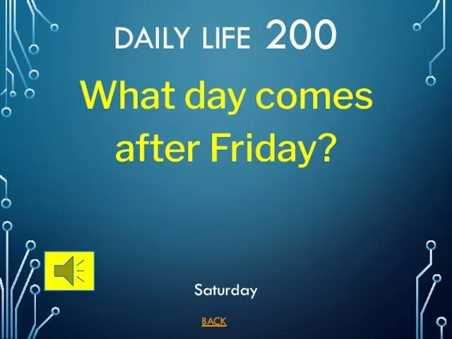 BACK Saturday DAILY LIFE 200 What day comes after Friday?