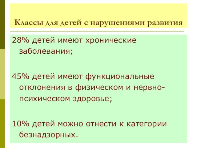 Классы для детей с нарушениями развития 28% детей имеют хронические заболевания;