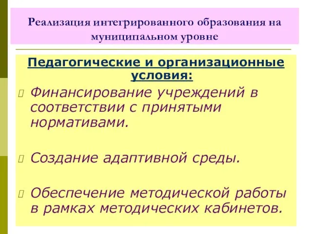 Реализация интегрированного образования на муниципальном уровне Педагогические и организационные условия: Финансирование