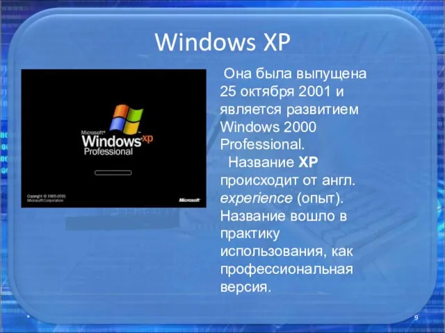 Windows XP * Она была выпущена 25 октября 2001 и является