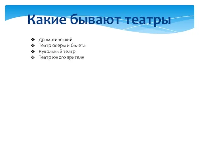 Какие бывают театры Драматический Театр оперы и балета Кукольный театр Театр юного зрителя