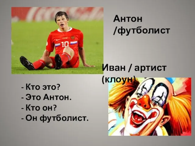 Антон /футболист Кто это? Это Антон. Кто он? Он футболист. Иван / артист (клоун)