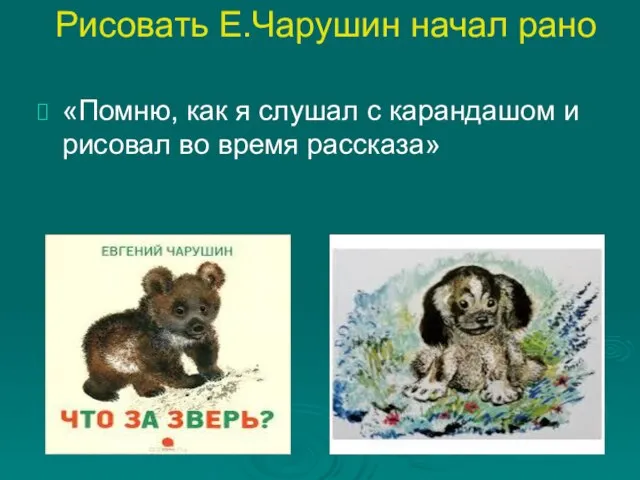 «Помню, как я слушал с карандашом и рисовал во время рассказа» Рисовать Е.Чарушин начал рано