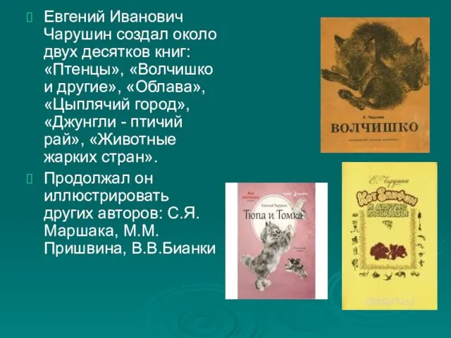 Евгений Иванович Чарушин создал около двух десятков книг: «Птенцы», «Волчишко и