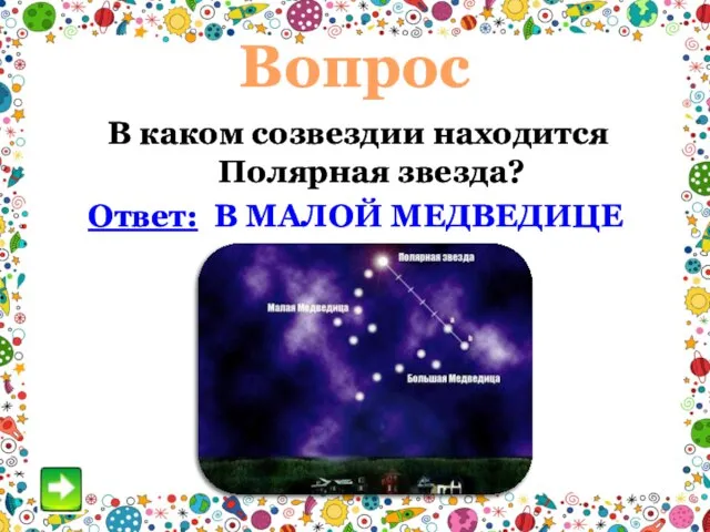 Вопрос В каком созвездии находится Полярная звезда? Ответ: В МАЛОЙ МЕДВЕДИЦЕ