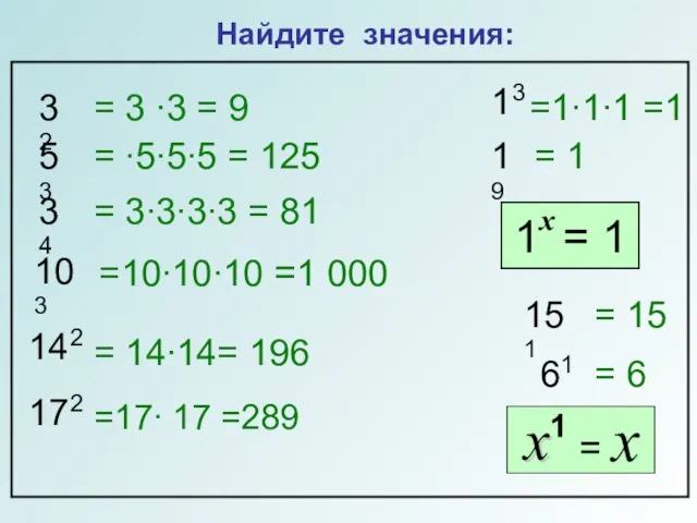 Найдите значения: 32 = 3 ∙3 = 9 53 = ∙5∙5∙5