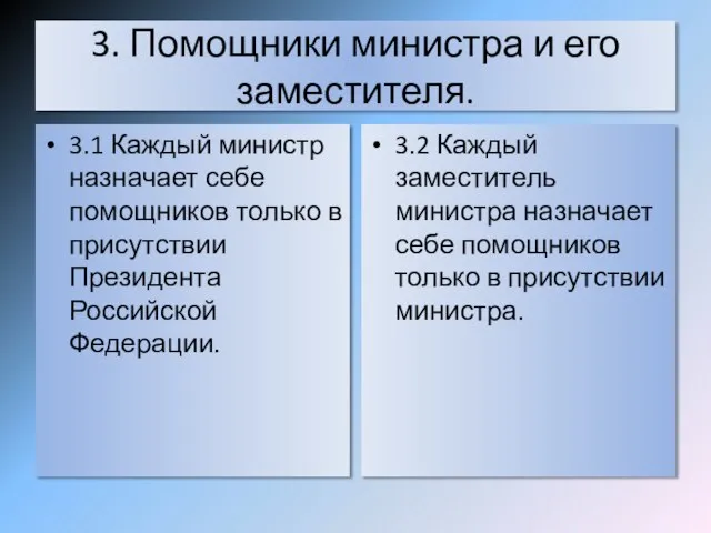 3. Помощники министра и его заместителя. 3.1 Каждый министр назначает себе