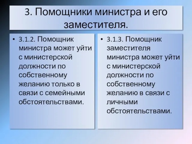 3. Помощники министра и его заместителя. 3.1.2. Помощник министра может уйти