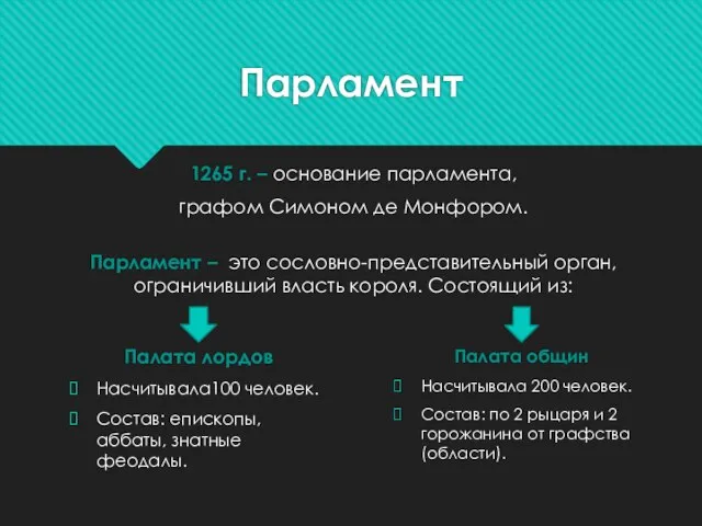 Парламент 1265 г. – основание парламента, графом Симоном де Монфором. Палата