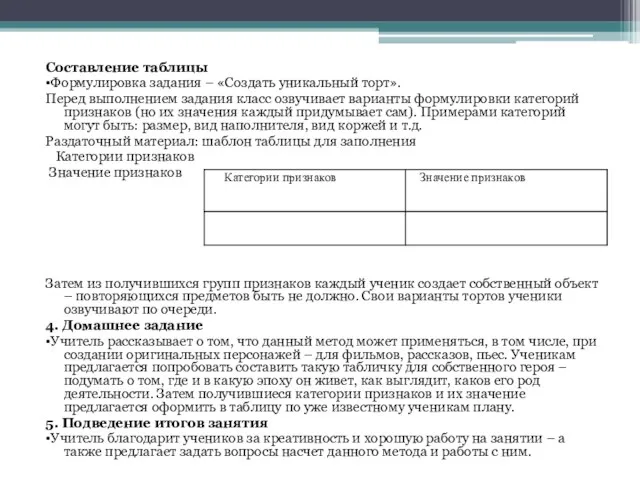 Составление таблицы •Формулировка задания – «Создать уникальный торт». Перед выполнением задания