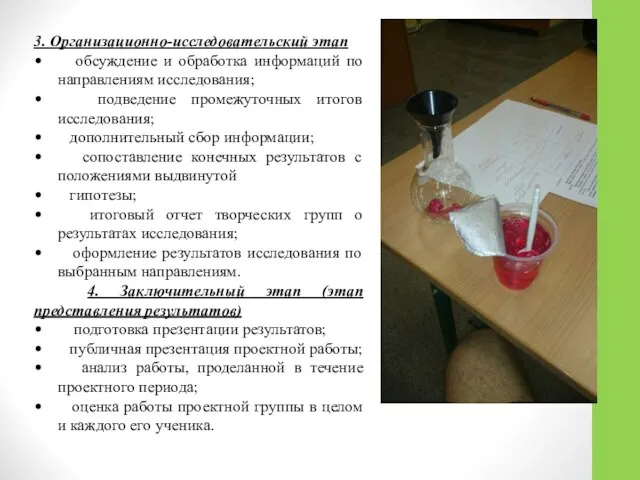 3. Организационно-исследовательский этап обсуждение и обработка информаций по направлениям исследования; подведение