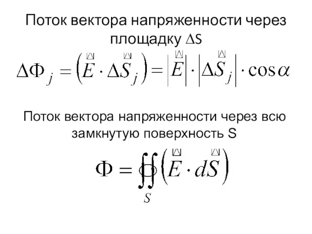 Поток вектора напряженности через площадку ∆S Поток вектора напряженности через всю замкнутую поверхность S