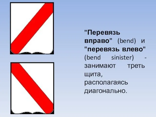 "Перевязь вправо" (bend) и "перевязь влево" (bend sinister) - занимают треть щита, располагаясь диагонально.