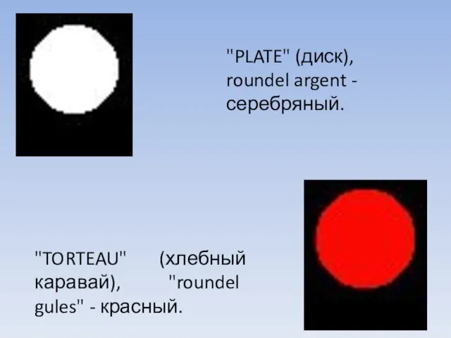 "PLATE" (диск), roundel argent - серебряный. "TORTEAU" (хлебный каравай), "roundel gules" - красный.