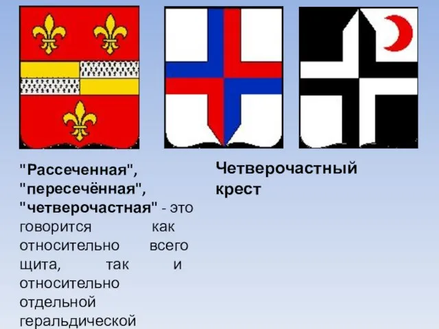 "Рассеченная", "пересечённая", "четверочастная" - это говорится как относительно всего щита, так