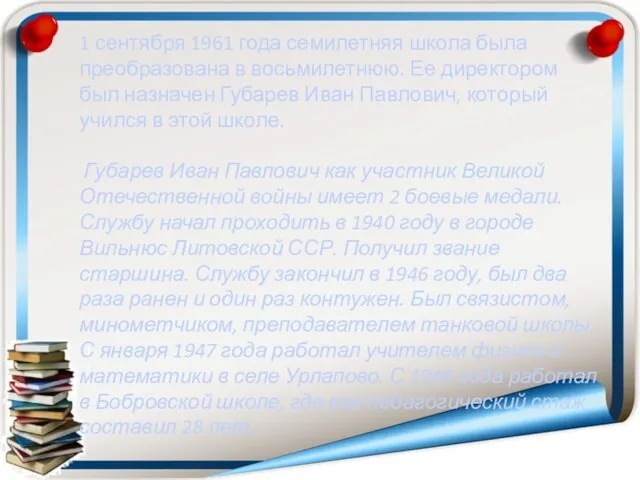 1 сентября 1961 года семилетняя школа была преобразована в восьмилетнюю. Ее