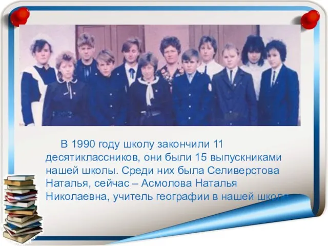 В 1990 году школу закончили 11 десятиклассников, они были 15 выпускниками