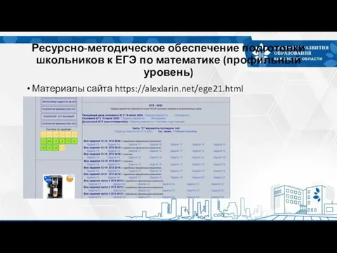 Ресурсно-методическое обеспечение подготовки школьников к ЕГЭ по математике (профильный уровень) Материалы сайта https://alexlarin.net/ege21.html