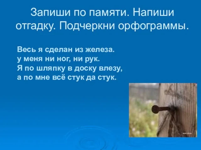 Запиши по памяти. Напиши отгадку. Подчеркни орфограммы. Весь я сделан из