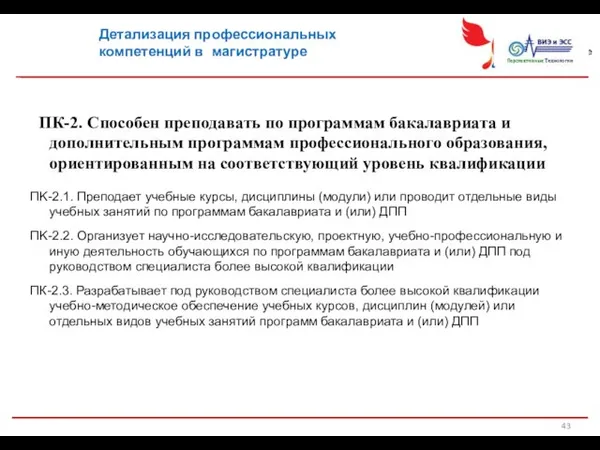 Детализация профессиональных компетенций в магистратуре ПК-2. Способен преподавать по программам бакалавриата