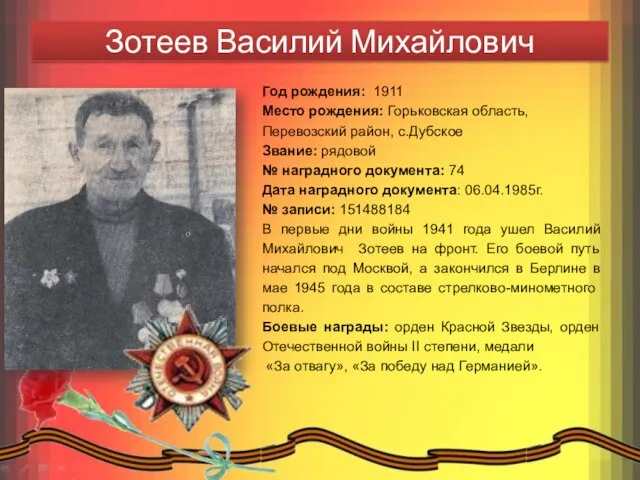 Зотеев Василий Михайлович Год рождения: 1911 Место рождения: Горьковская область, Перевозский