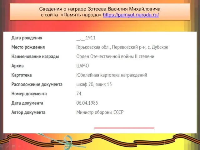 Сведения о награде Зотеева Василия Михайловича с сайта «Память народа» https://pamyat-naroda.ru/