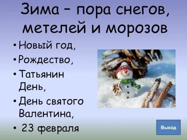 Зима – пора снегов, метелей и морозов Новый год, Рождество, Татьянин