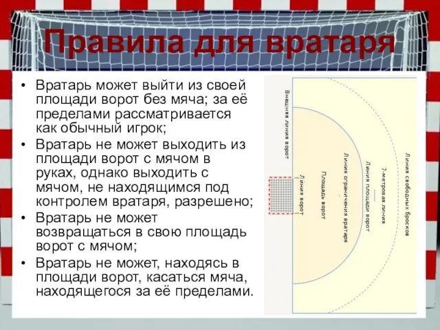 Правила для вратаря Вратарь может выйти из своей площади ворот без