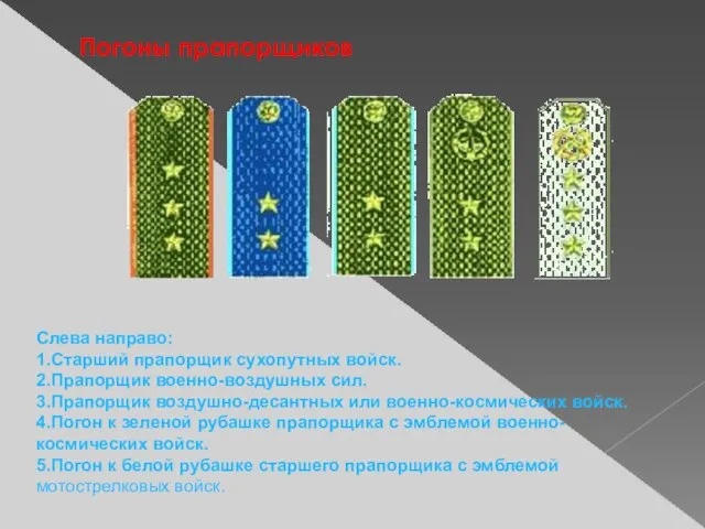 Погоны прапорщиков Слева направо: 1.Старший прапорщик сухопутных войск. 2.Прапорщик военно-воздушных сил.