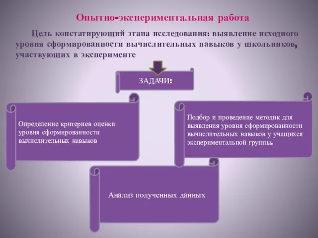 Опытно-экспериментальная работа Цель констатирующий этапа исследования: выявление исходного уровня сформированности вычислительных