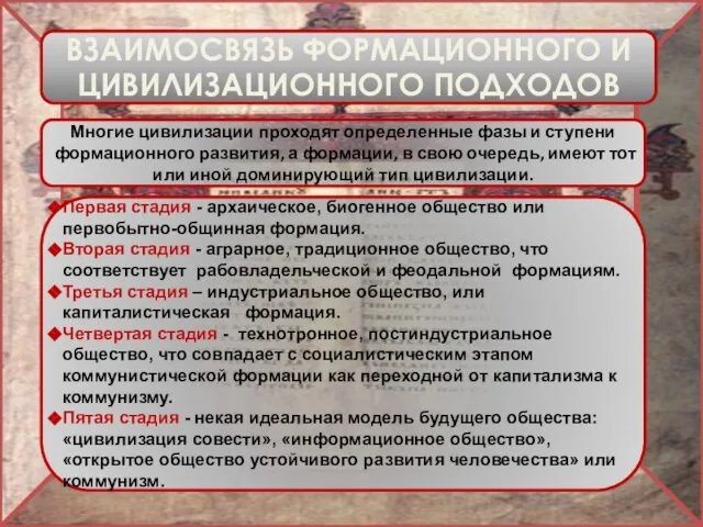 ВЗАИМОСВЯЗЬ ФОРМАЦИОННОГО И ЦИВИЛИЗАЦИОННОГО ПОДХОДОВ Многие цивилизации проходят определенные фазы и