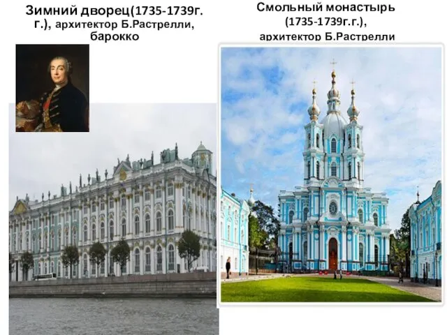 Зимний дворец(1735-1739г.г.), архитектор Б.Растрелли, барокко Смольный монастырь (1735-1739г.г.), архитектор Б.Растрелли