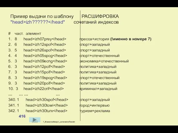 Пример выдачи по шаблону РАСШИФРОВКА *head>izh?????? # част. элемент 1. 8