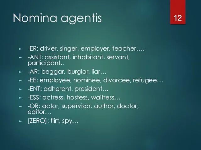 Nomina agentis -ER: driver, singer, employer, teacher…. -ANT: assistant, inhabitant, servant,