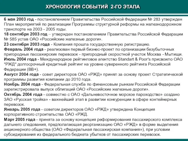 ХРОНОЛОГИЯ СОБЫТИЙ 2-ГО ЭТАПА 6 мая 2003 год - постановлением Правительства