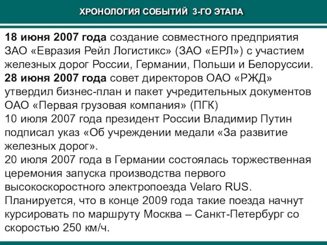 ХРОНОЛОГИЯ СОБЫТИЙ 3-ГО ЭТАПА 18 июня 2007 года создание совместного предприятия