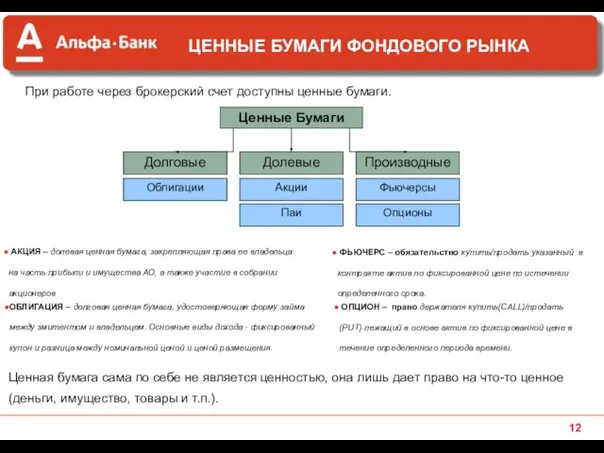 При работе через брокерский счет доступны ценные бумаги. Долговые Облигации Долевые