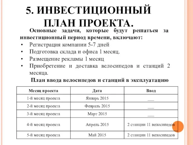 5. ИНВЕСТИЦИОННЫЙ ПЛАН ПРОЕКТА. Основные задачи, которые будут решаться за инвестиционный