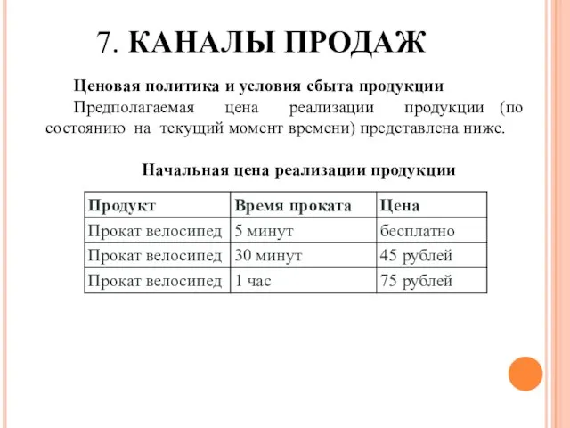 7. КАНАЛЫ ПРОДАЖ Ценовая политика и условия сбыта продукции Предполагаемая цена