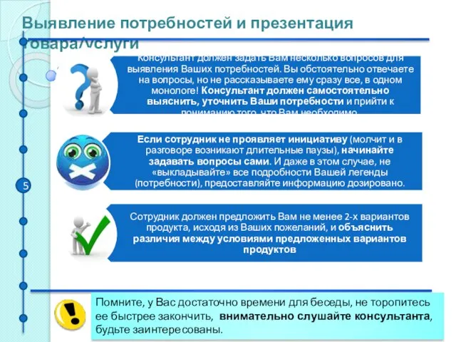 Выявление потребностей и презентация товара/услуги Помните, у Вас достаточно времени для