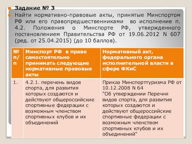 Задание № 3 Найти нормативно-правовые акты, принятые Минспортом РФ или его