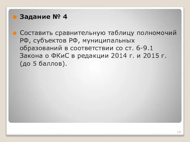 Задание № 4 Составить сравнительную таблицу полномочий РФ, субъектов РФ, муниципальных