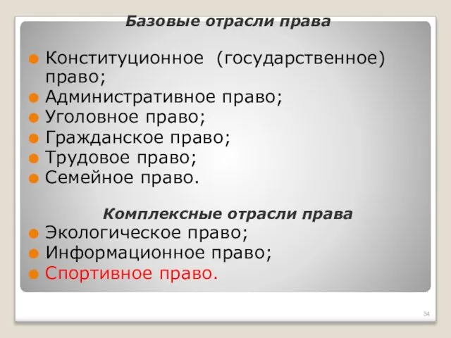 Базовые отрасли права Конституционное (государственное) право; Административное право; Уголовное право; Гражданское