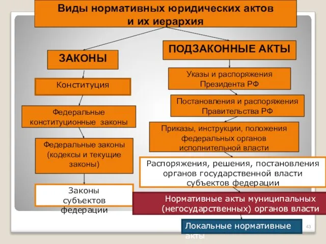 Виды нормативных юридических актов и их иерархия ЗАКОНЫ ПОДЗАКОННЫЕ АКТЫ Конституция