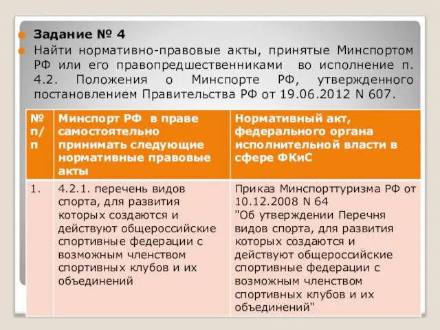 Задание № 4 Найти нормативно-правовые акты, принятые Минспортом РФ или его