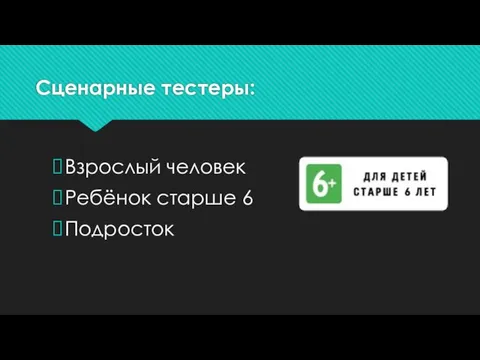 Сценарные тестеры: Взрослый человек Ребёнок старше 6 Подросток