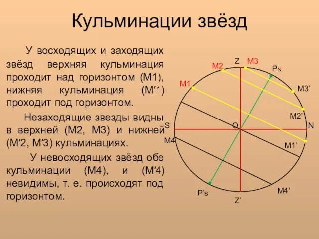 Кульминации звёзд У восходящих и заходящих звёзд верхняя кульминация проходит над