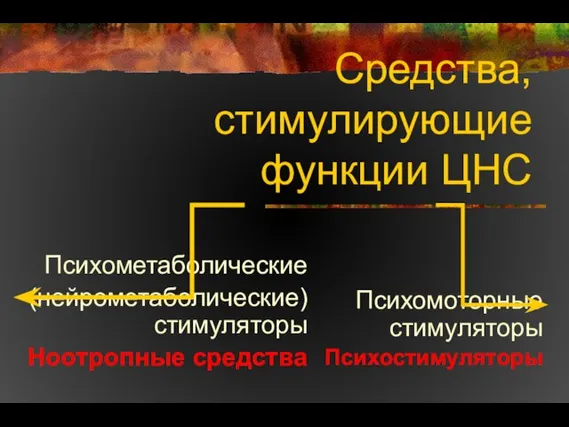 Средства, стимулирующие функции ЦНС Психомоторные стимуляторы Психостимуляторы Психометаболические (нейрометаболические) стимуляторы Ноотропные средства