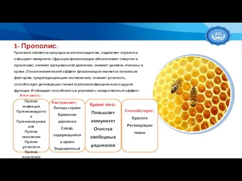 1- Прополис： Прополис является природным антиоксидантом, подавляет опухоли и повышает иммунитет